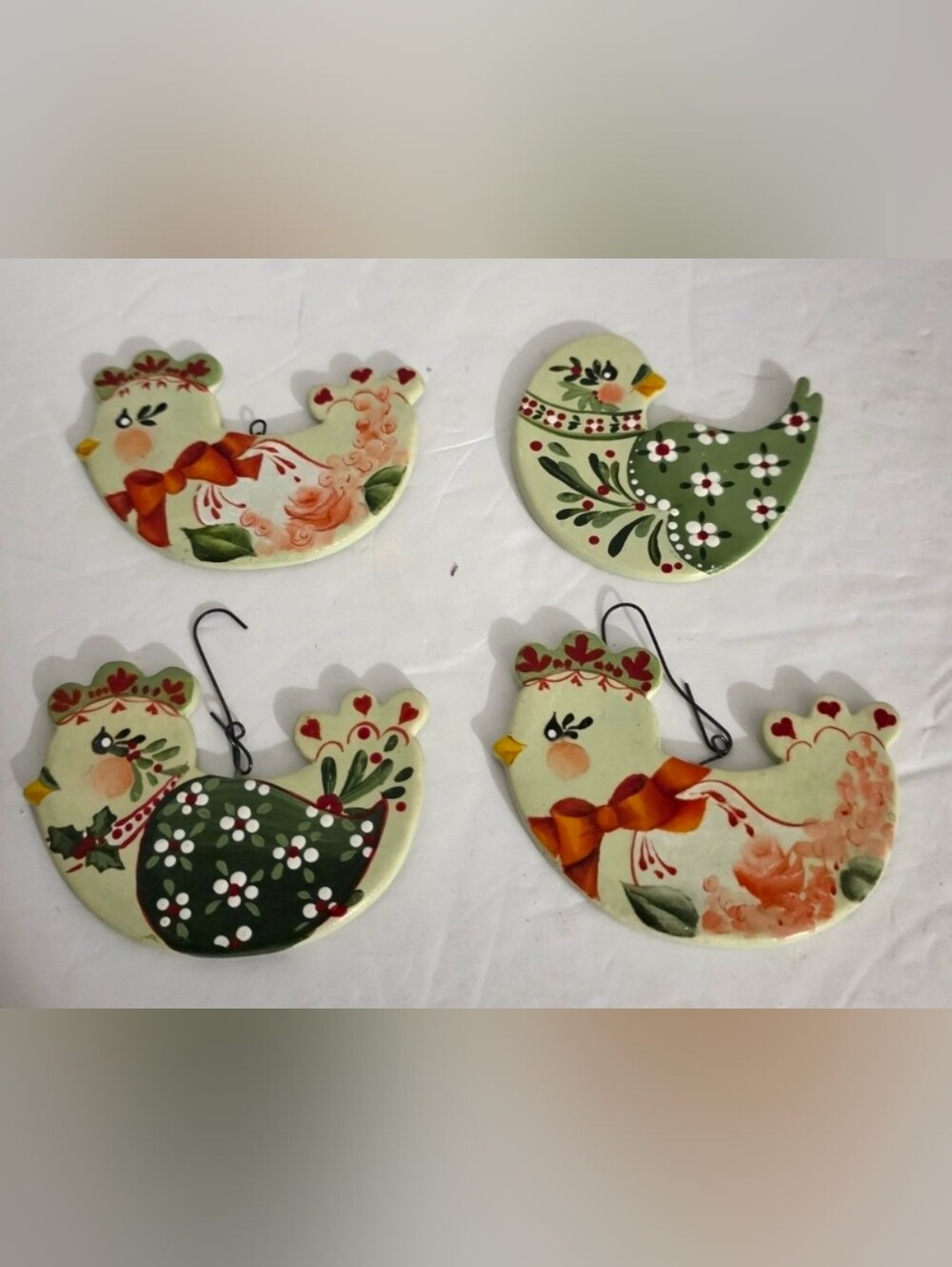 Set Of 4 Vintage Bird Ornaments Hand Painted Christmas Cottage Core Country